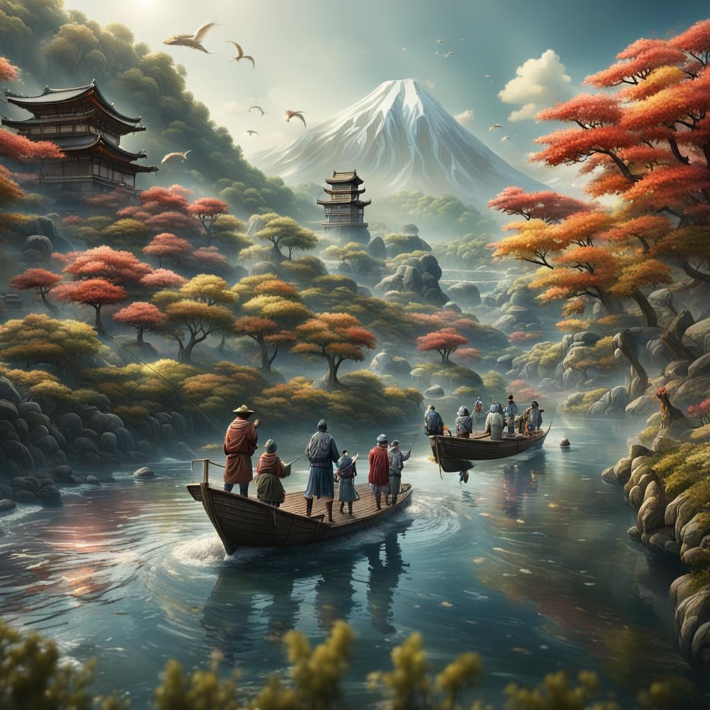 Japanese Fishermen on Riverbank, Digital Matte Painting