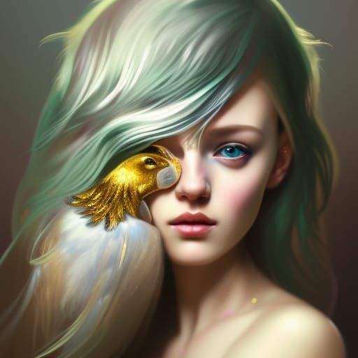 Silver skin metallic bunnie girl golden hair feathers stars ...