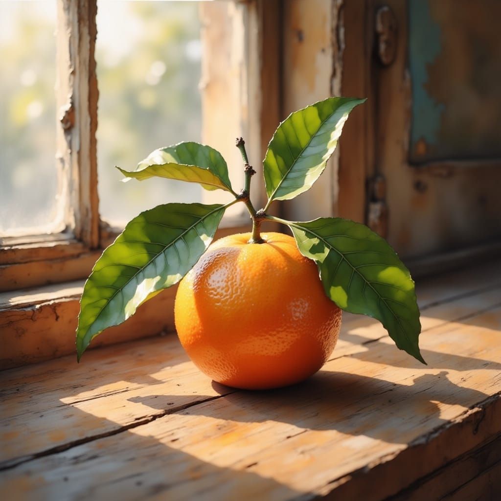 Realistic Oil Painting of a Dewy Mandarin Orange