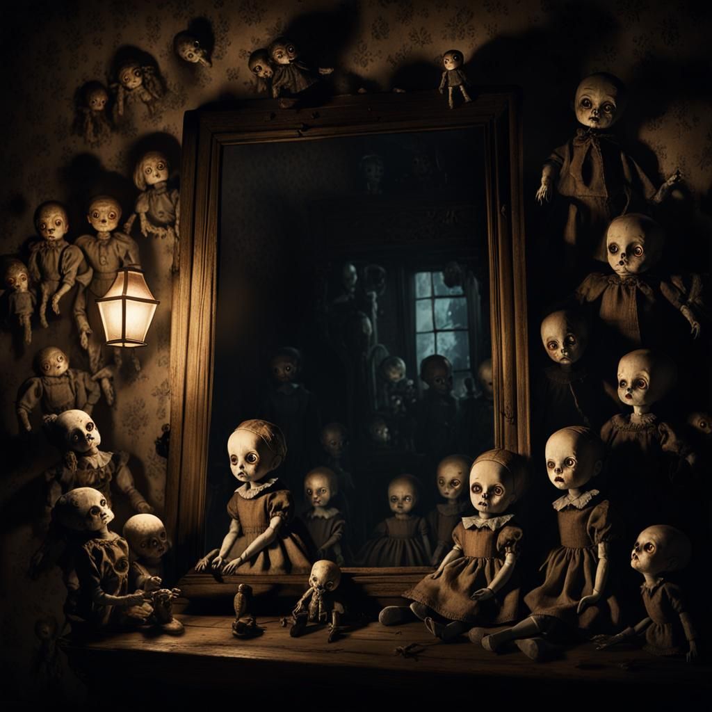 Eerie Attic Concept Art with Porcelain Dolls