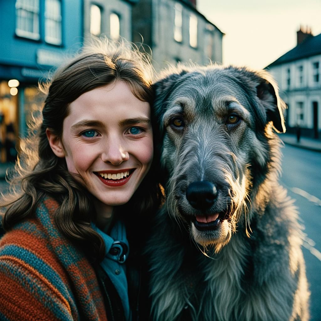 Smiling Woman with Irish Wolfhounds, 1970s Portrait
