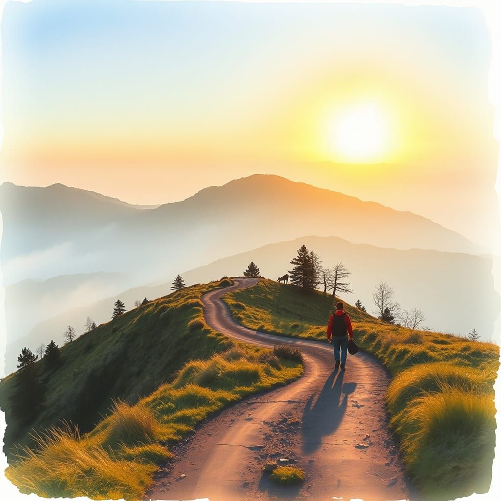 Solitary Figure Walks Away from Golden Sunset on Misty Mount...