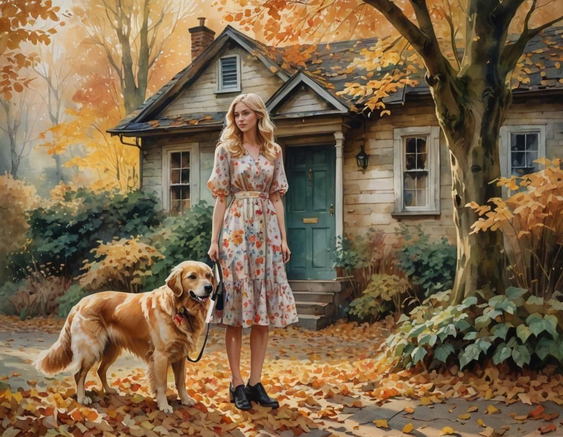 Autumnal Watercolour: Woman and Dog in Woods