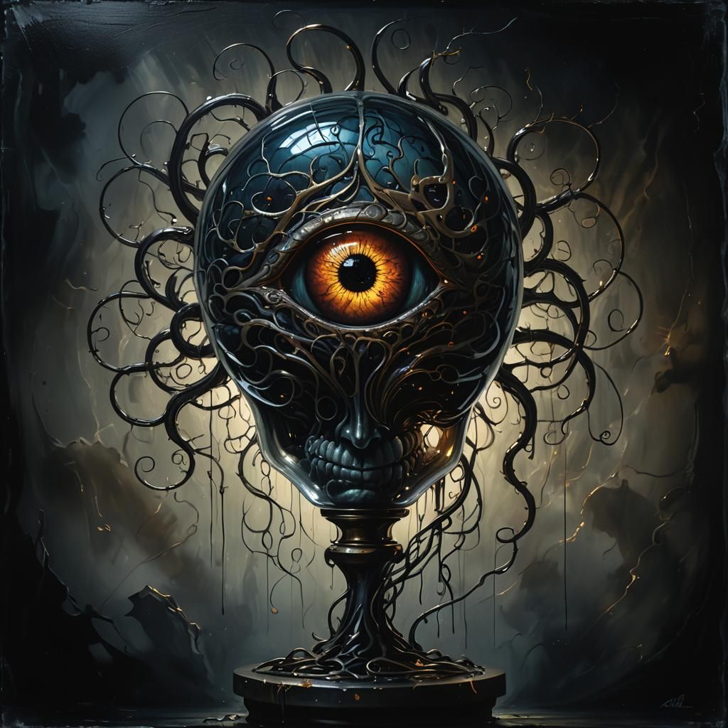 Glowing Orb Gripped by Metal in Dark Fantasy Oil Painting