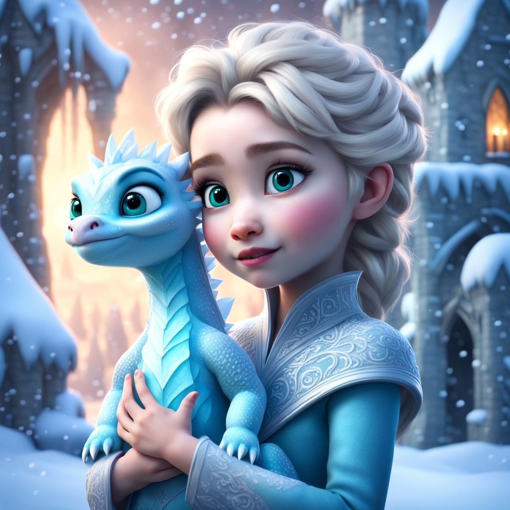Elsa Protects Baby Dragon in Blizzard