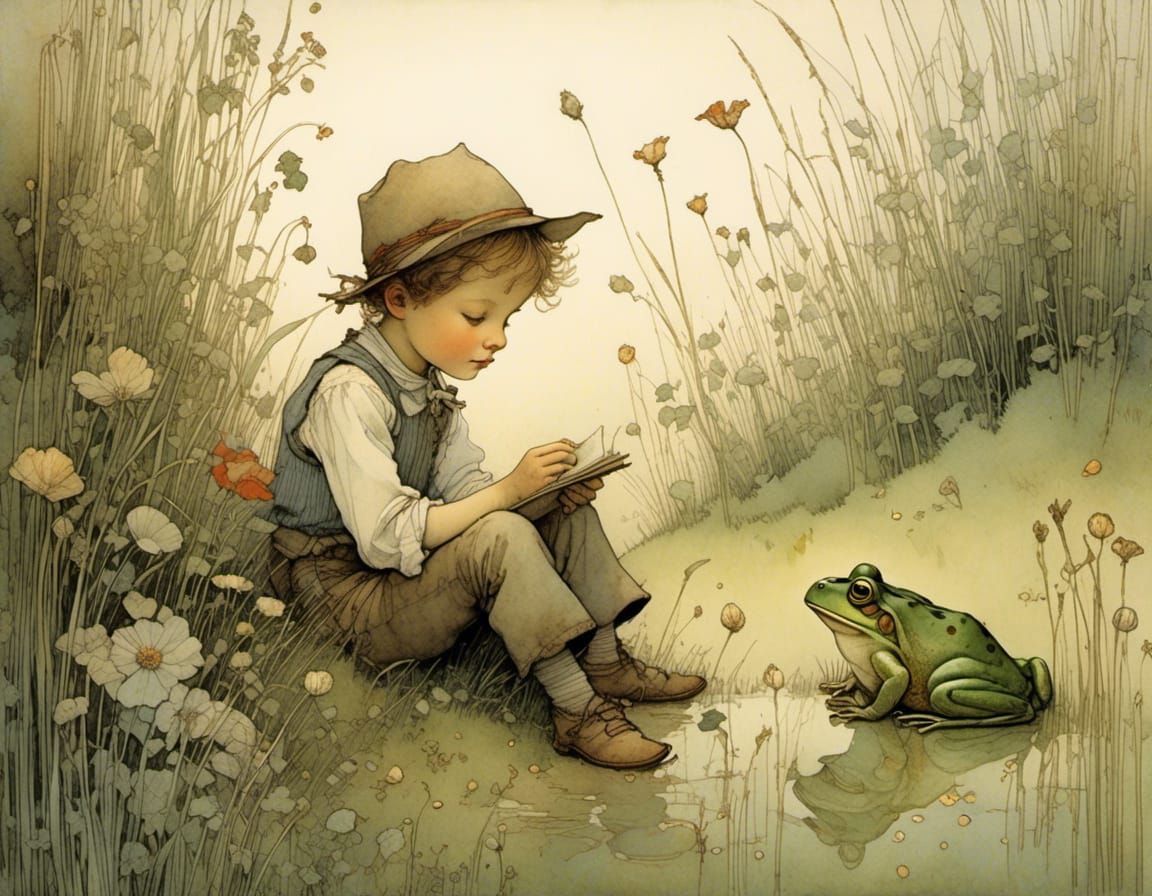 Boy and Frog in Shimmering Light, Detailed Illustration