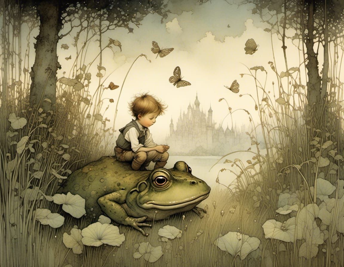 Boy and Frog in Shimmering Light: Painterly Scene