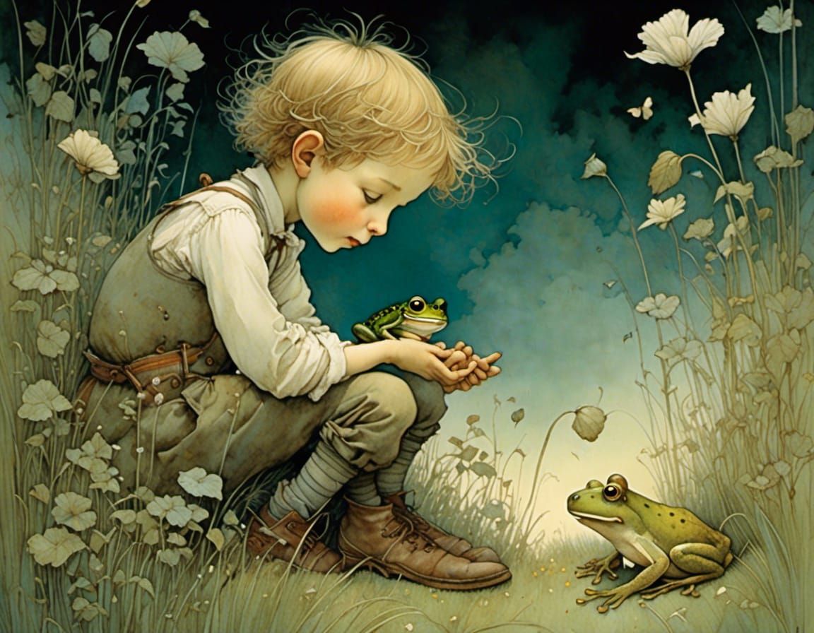 Boy and Frog in Shimmering Light, Storybook Illustration