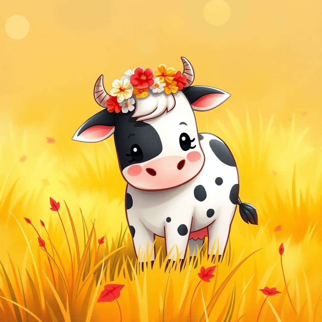 Playful Chibi Cow with Flower Crown in Fall Field