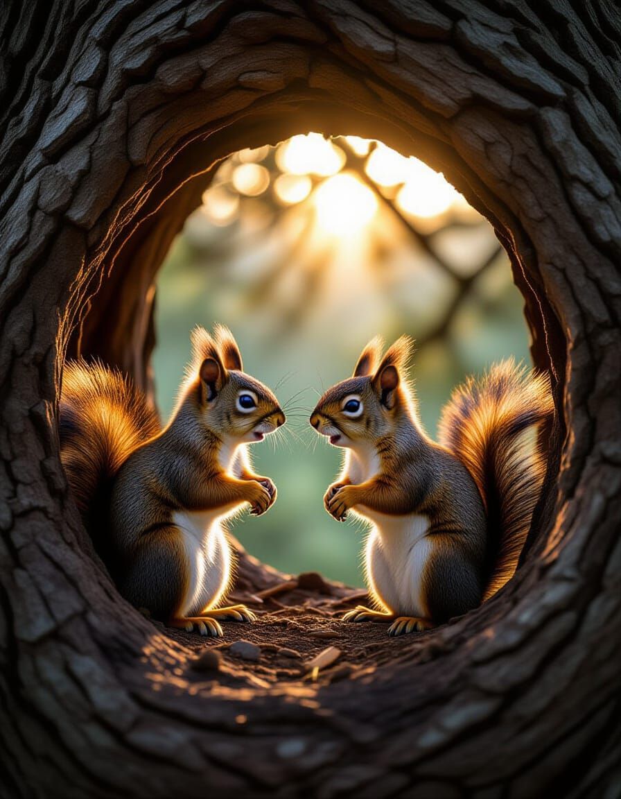 Squirrel home in a tree cavity in dense forest