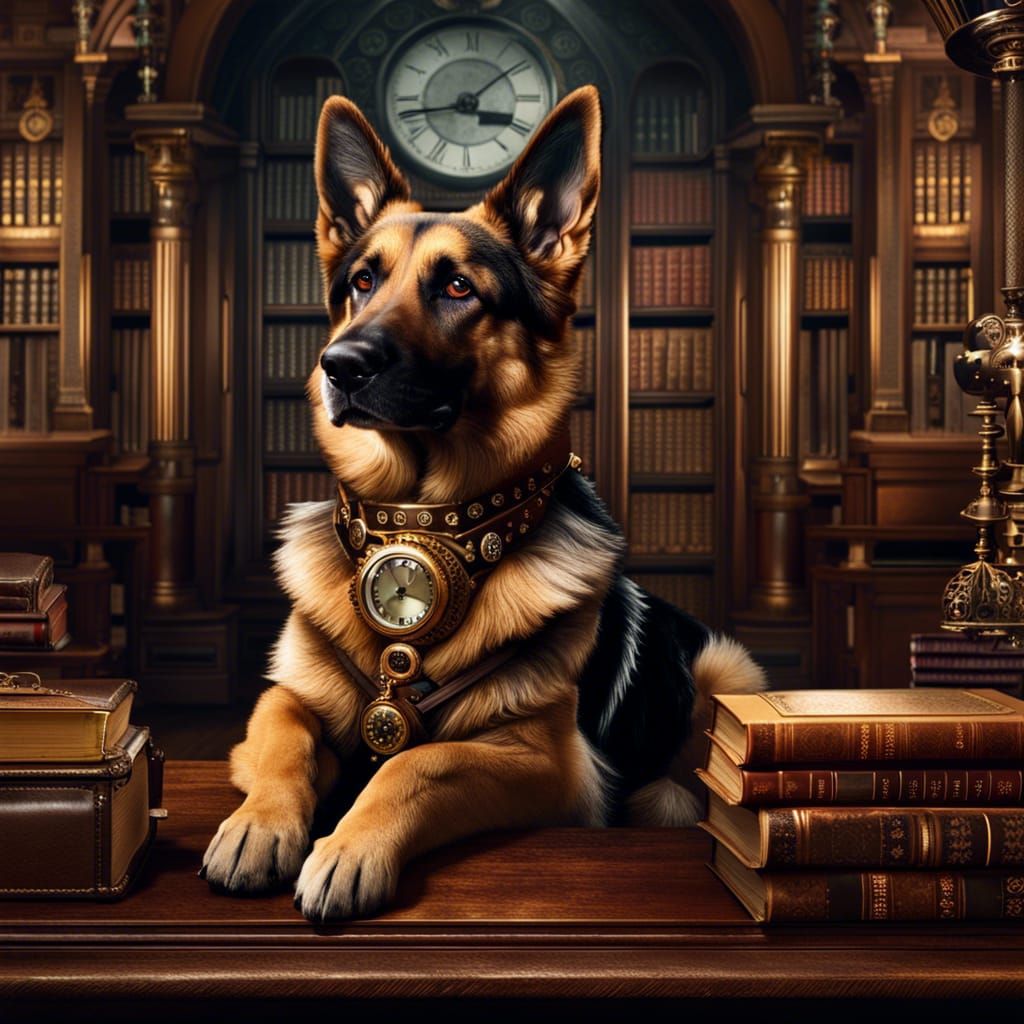 Steampunk Dog Reading in Library