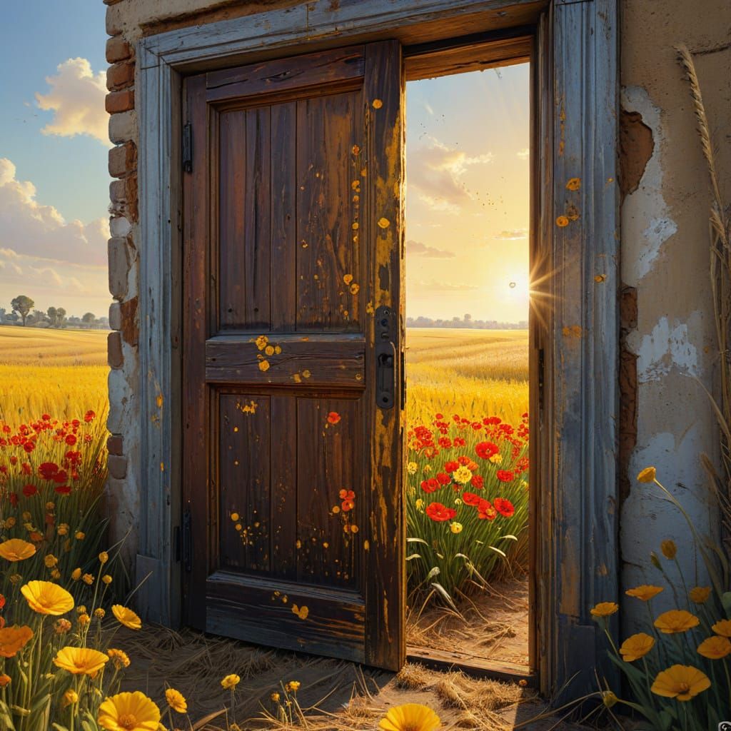 plantée au milieu d'un champ de blé une ancienne porte en bois, avec des graffitis et couverte de fleurs jaunes et rouge...