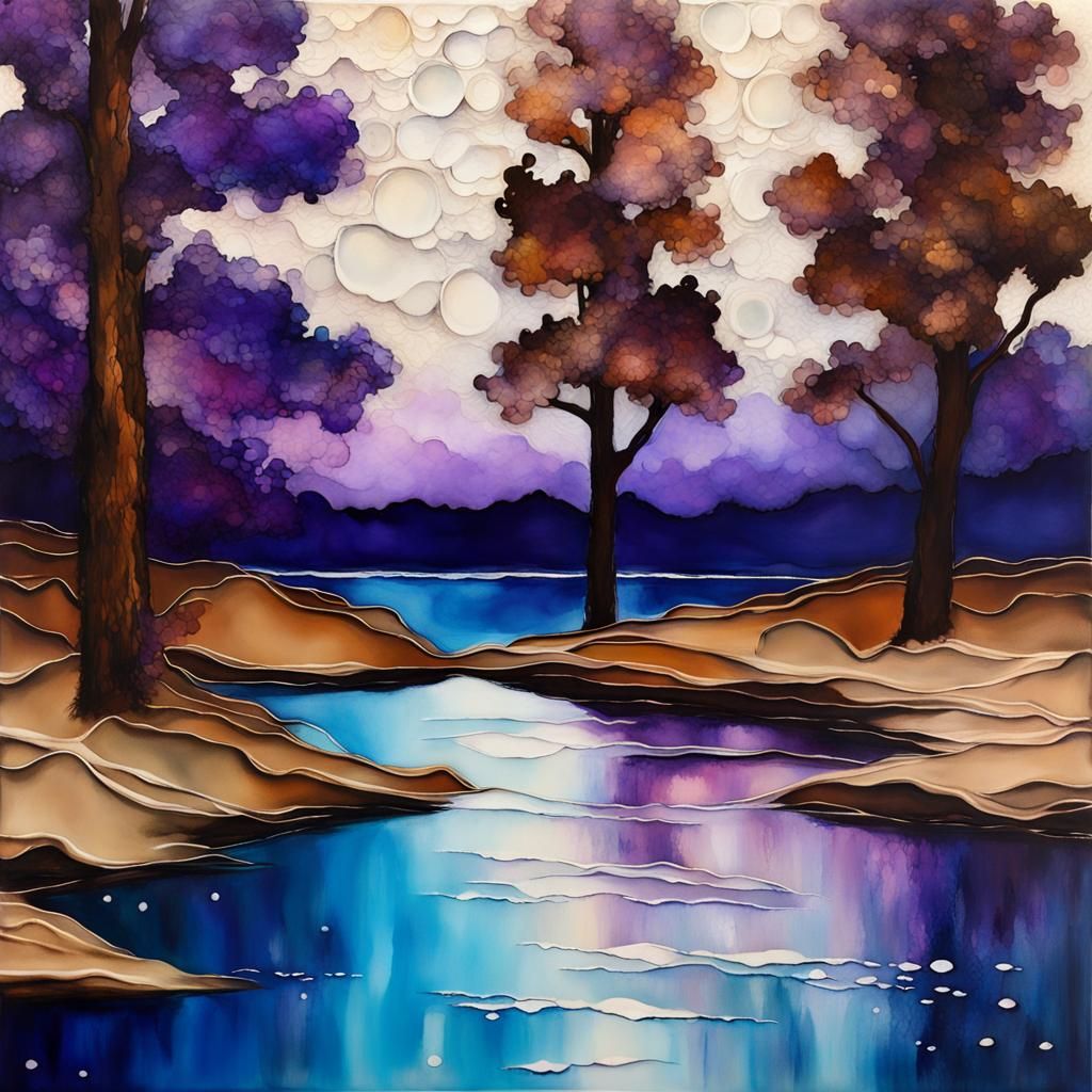 Scrub Oak Forest at Twilight: Neo-Impressionist Ink Art