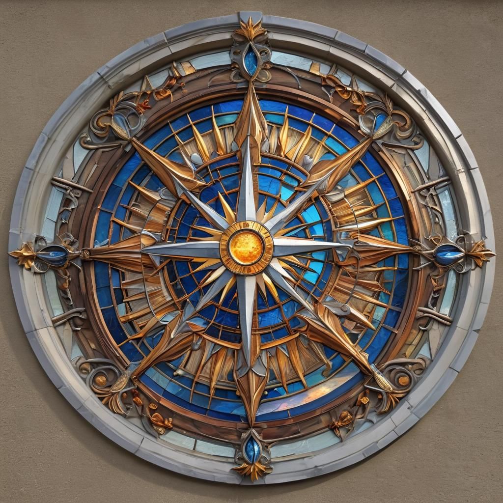 Art Nouveau Stained Glass Compass Rose Window
