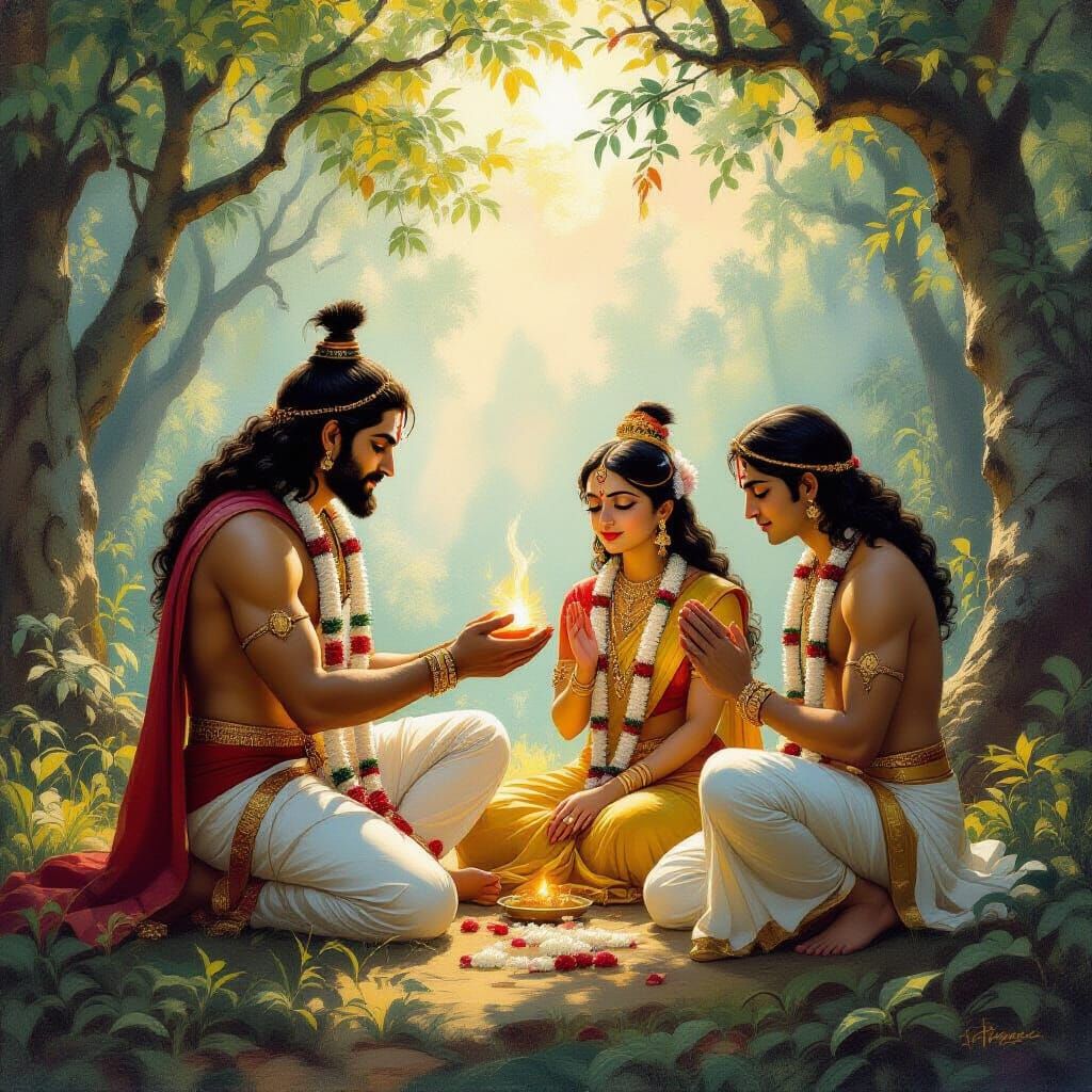 Ram Giving Khadau to Bharat in Forest, Oil Painting