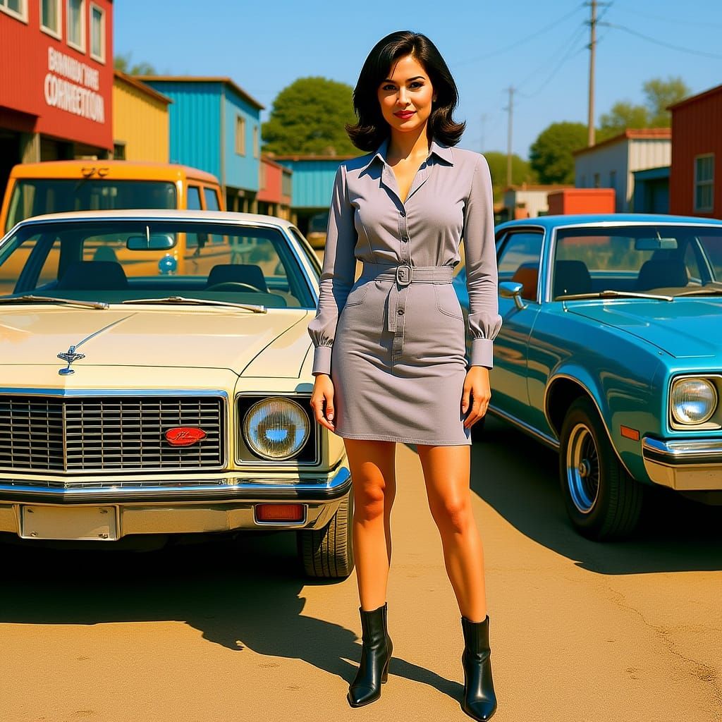 Cross-dresser in Junkyard with Vintage Cars in 80s Style