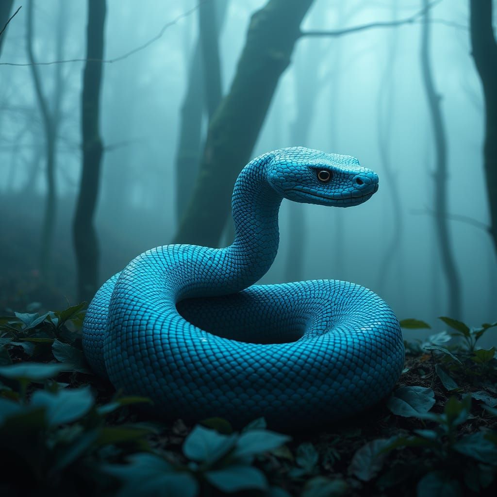 Blue Snake Coiled in Misty Forest