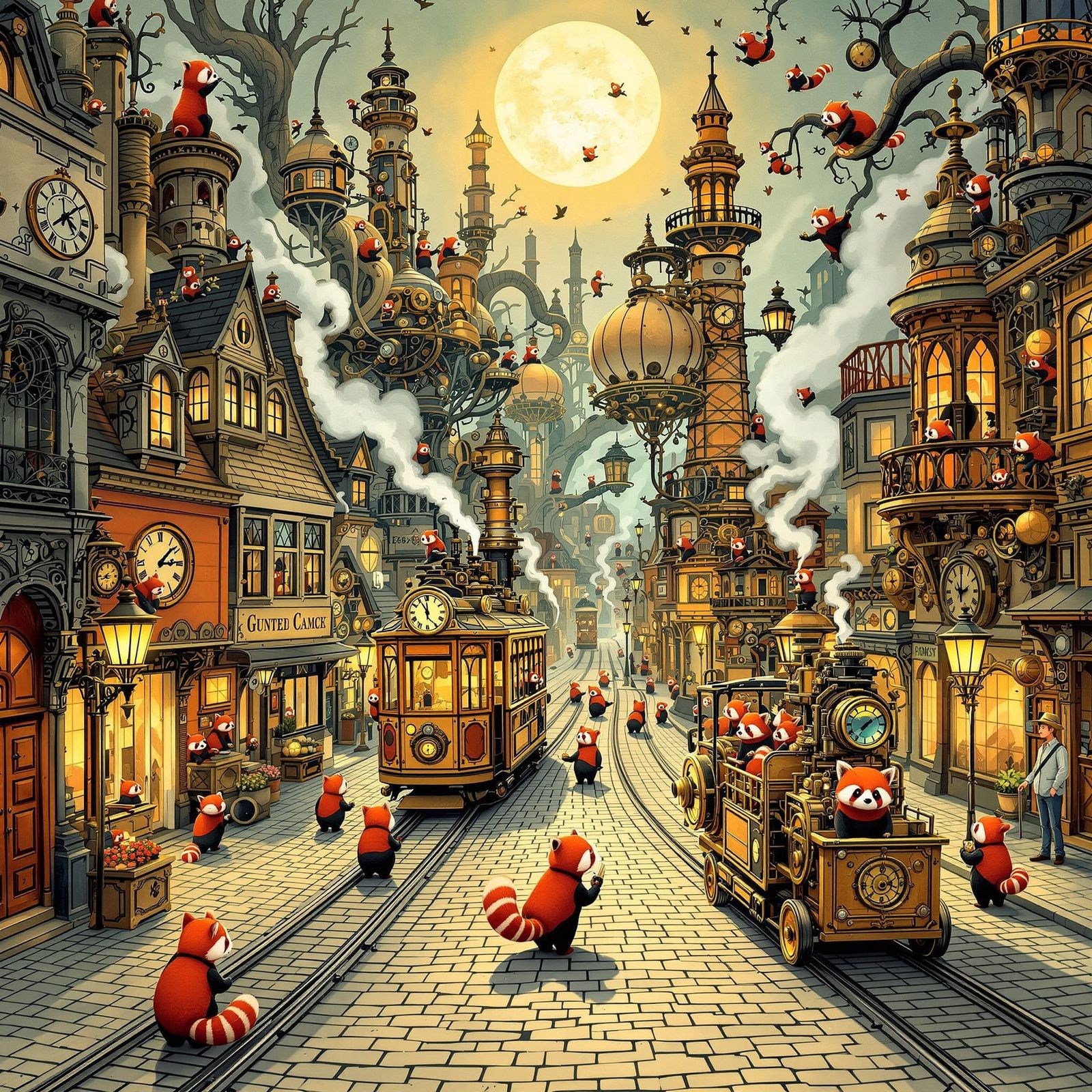 Steampunk Red Panda Cityscape in Naive Art Style