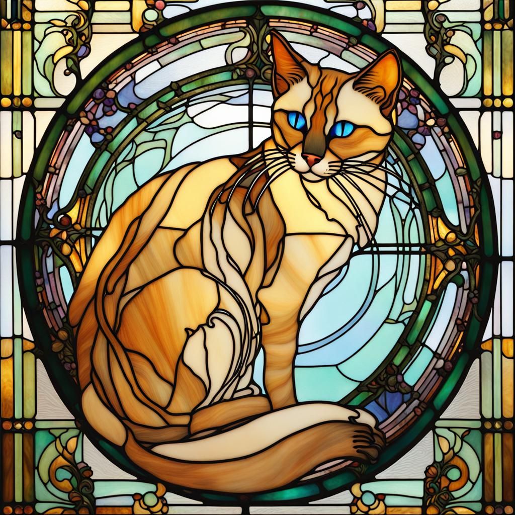 Art Nouveau Siamese Cat Stained Glass