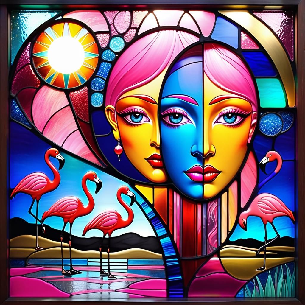 Pink Flamingos Stained Glass Surreal Dream