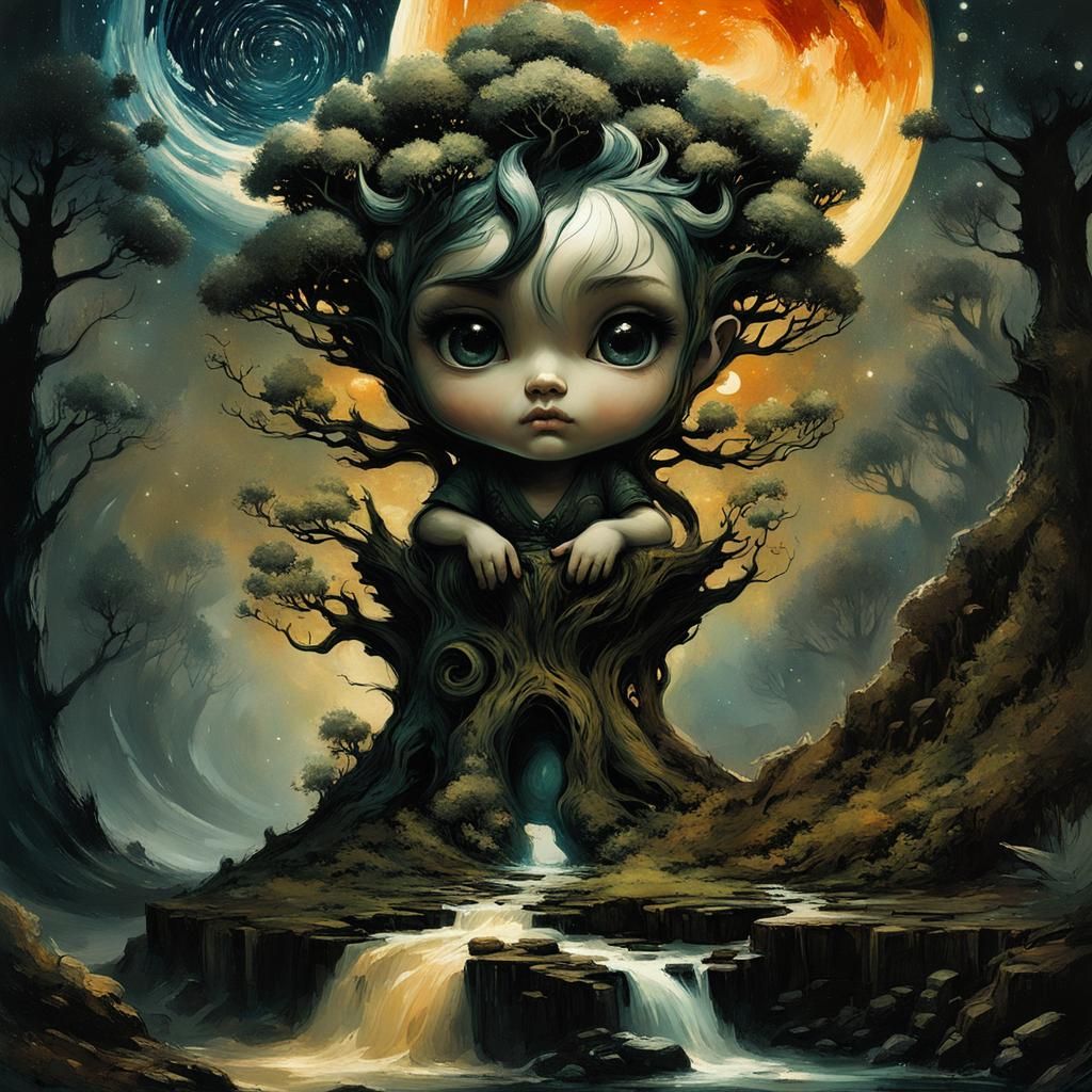 Adorable Chibi Yggdrasil in Starry Forest Illustration