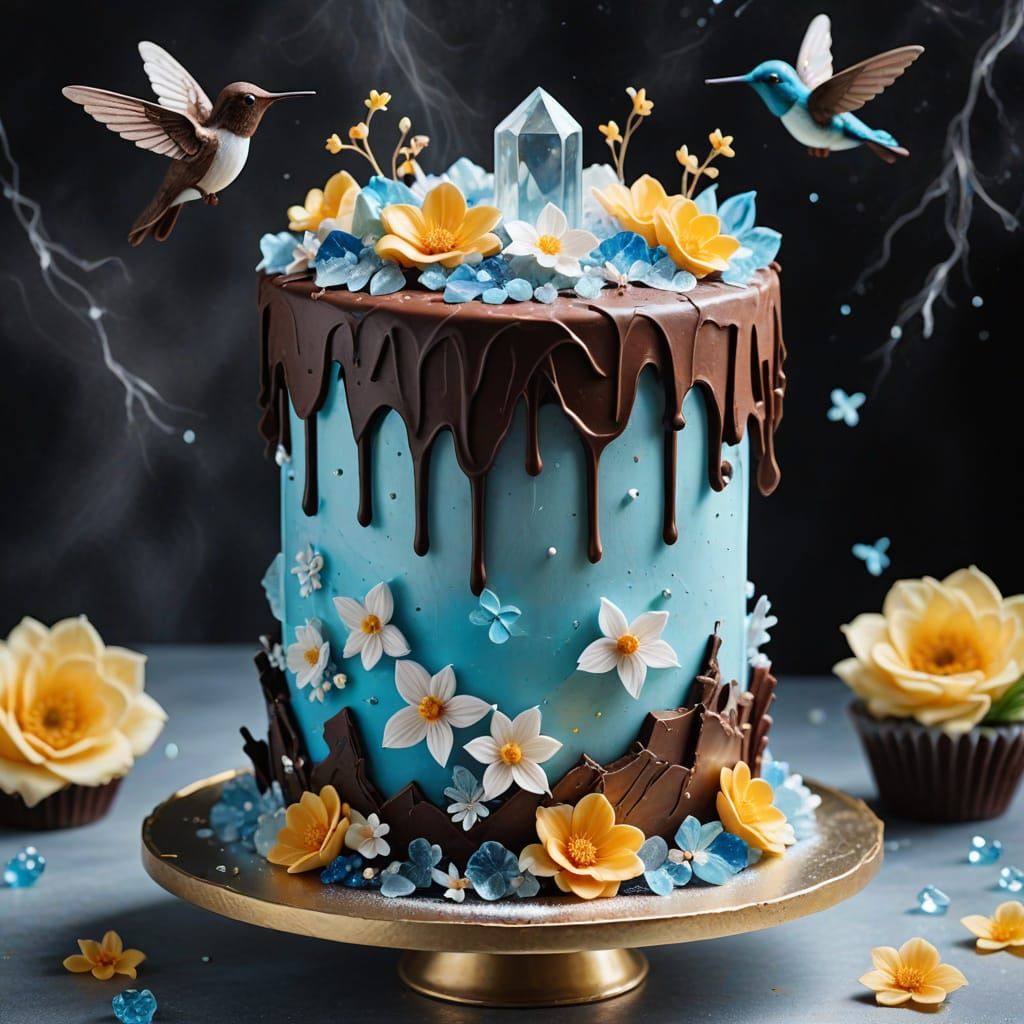 Magical Crystal Cake with Hummingbird Decorations