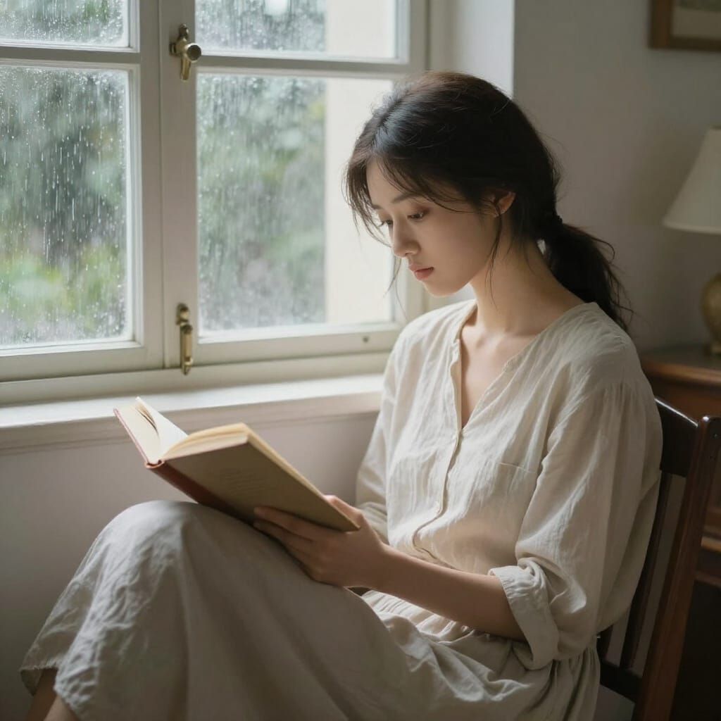 Woman Reading by Window in Gentle Rain