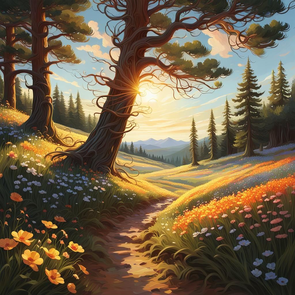Blooming Meadows in Golden Hour: A Digital Painting