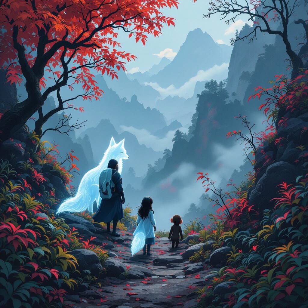 Ghost Fox Guides Girl on Misty Mountain Path