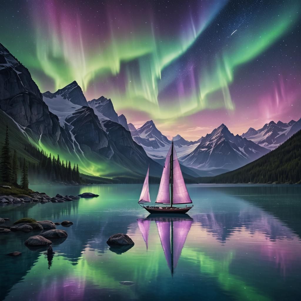 Sailboat with Glass Fly Sail Under Aurora Sky