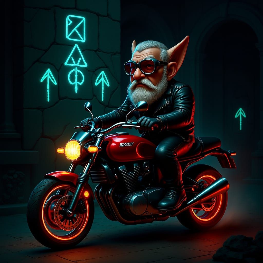 Biker Gnome Rides Motorcycle Before Ancient Glyphs