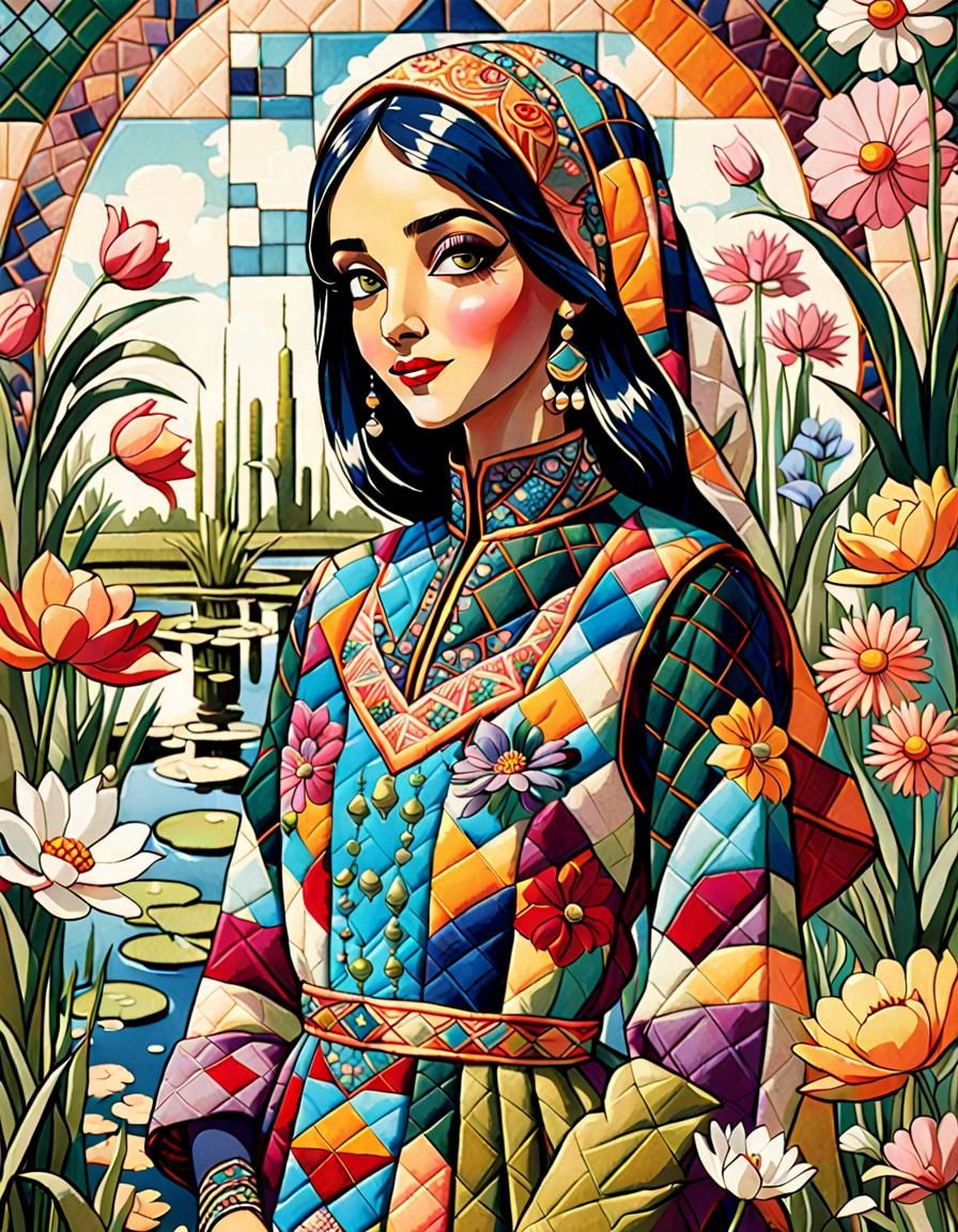 Arabian Girl in Quilted Dress, Art Brut Style