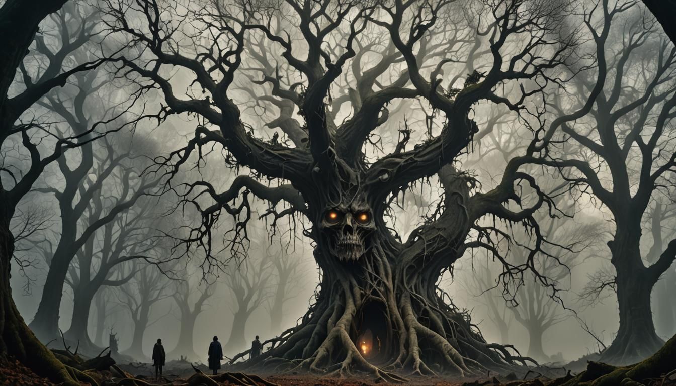 Eerie Forest Tree with Face Branches, Dark Fantasy Art
