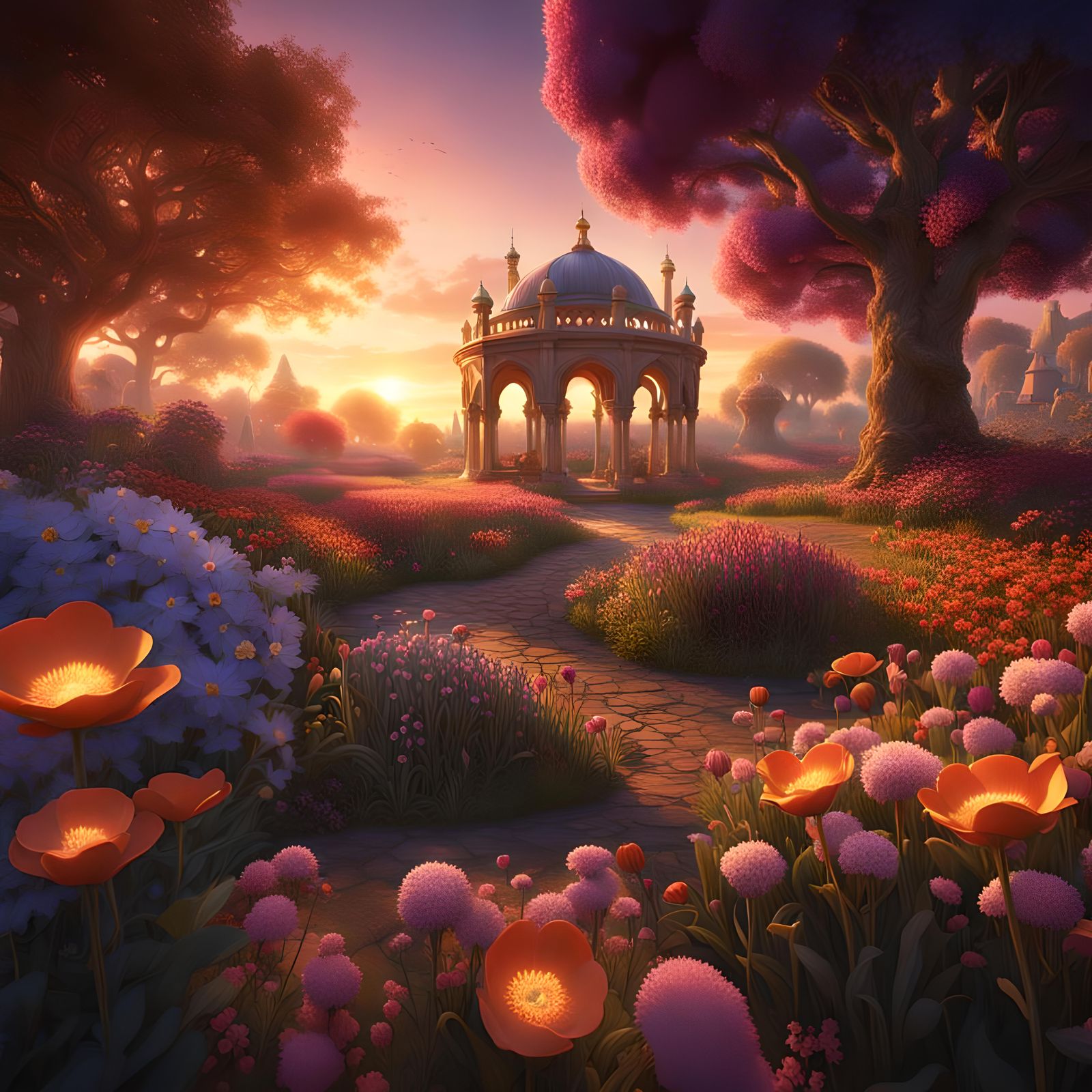 Mystical Flowers at Sunset: A Fantasy Concept Art