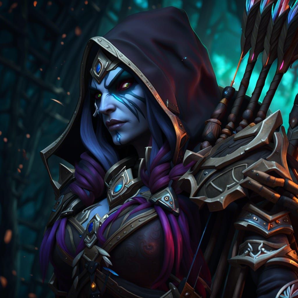 Sylvanas Windrunner Shooting Arrow in Detailed Matte Paintin...
