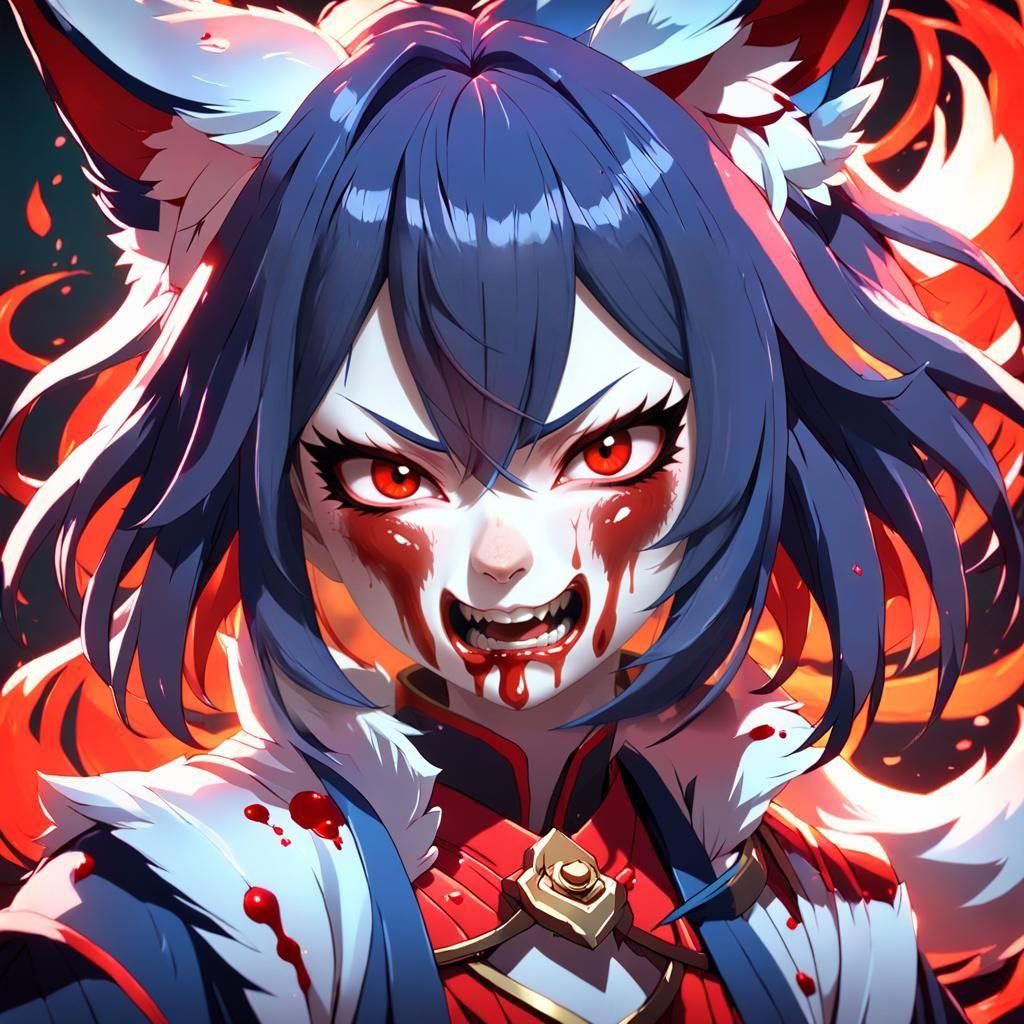 Angry Kitsune Woman in Cel-Shaded Anime Style