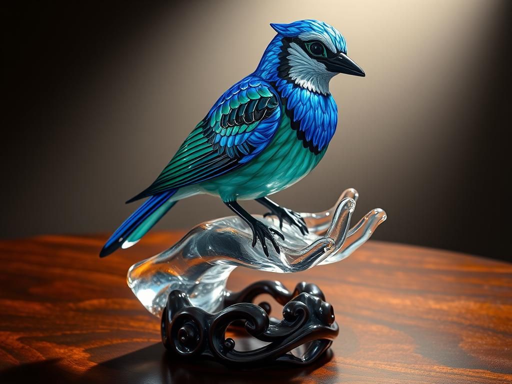 Enameled Glass Bluejay Sculpture on Mahogany Table