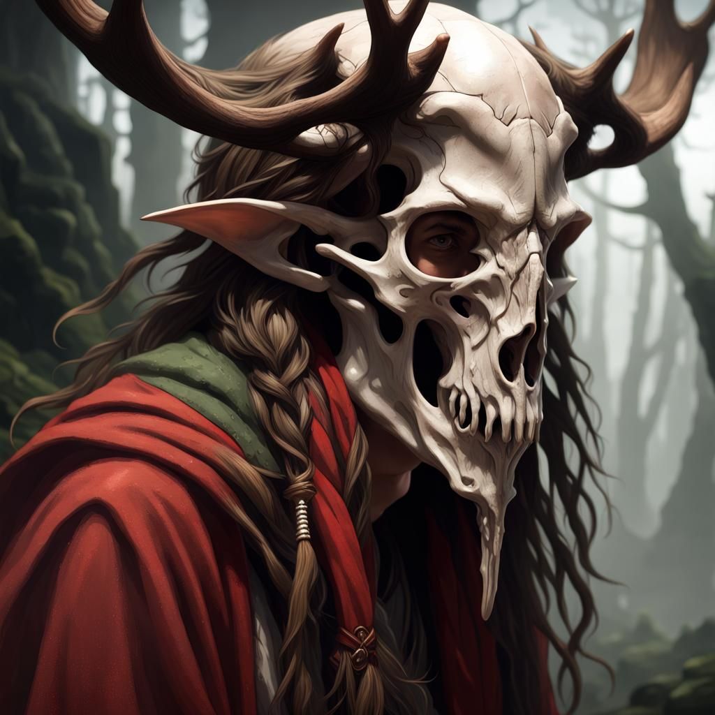 Elven Druid with Moose Skull in Dark Fantasy Style