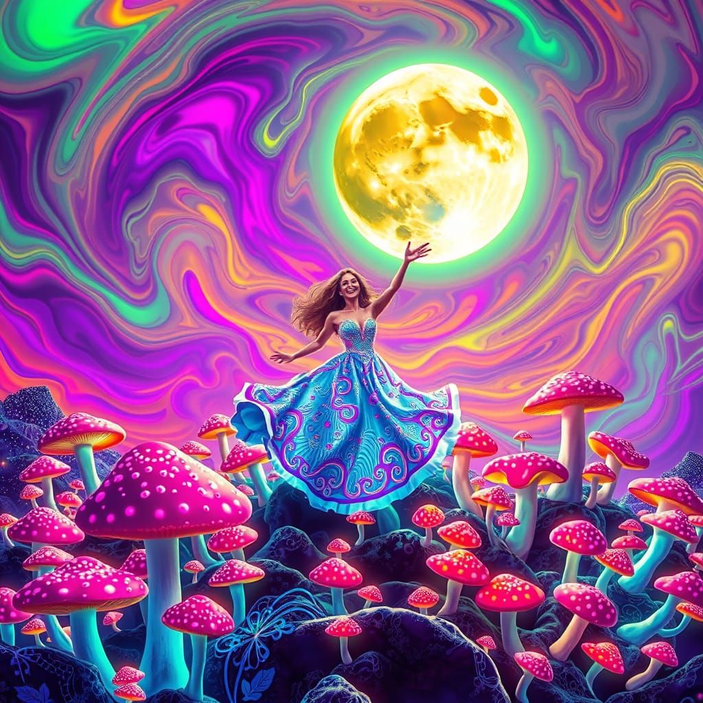 Mariah Carey on Neon Mushroom Mountain in Psychedelic Sky