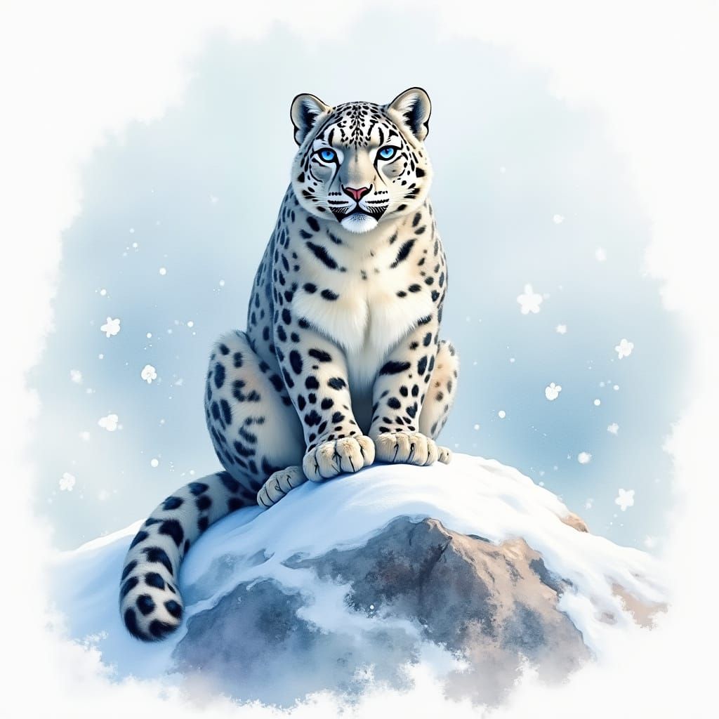 Snow Leopard Portrait in Watercolor Style