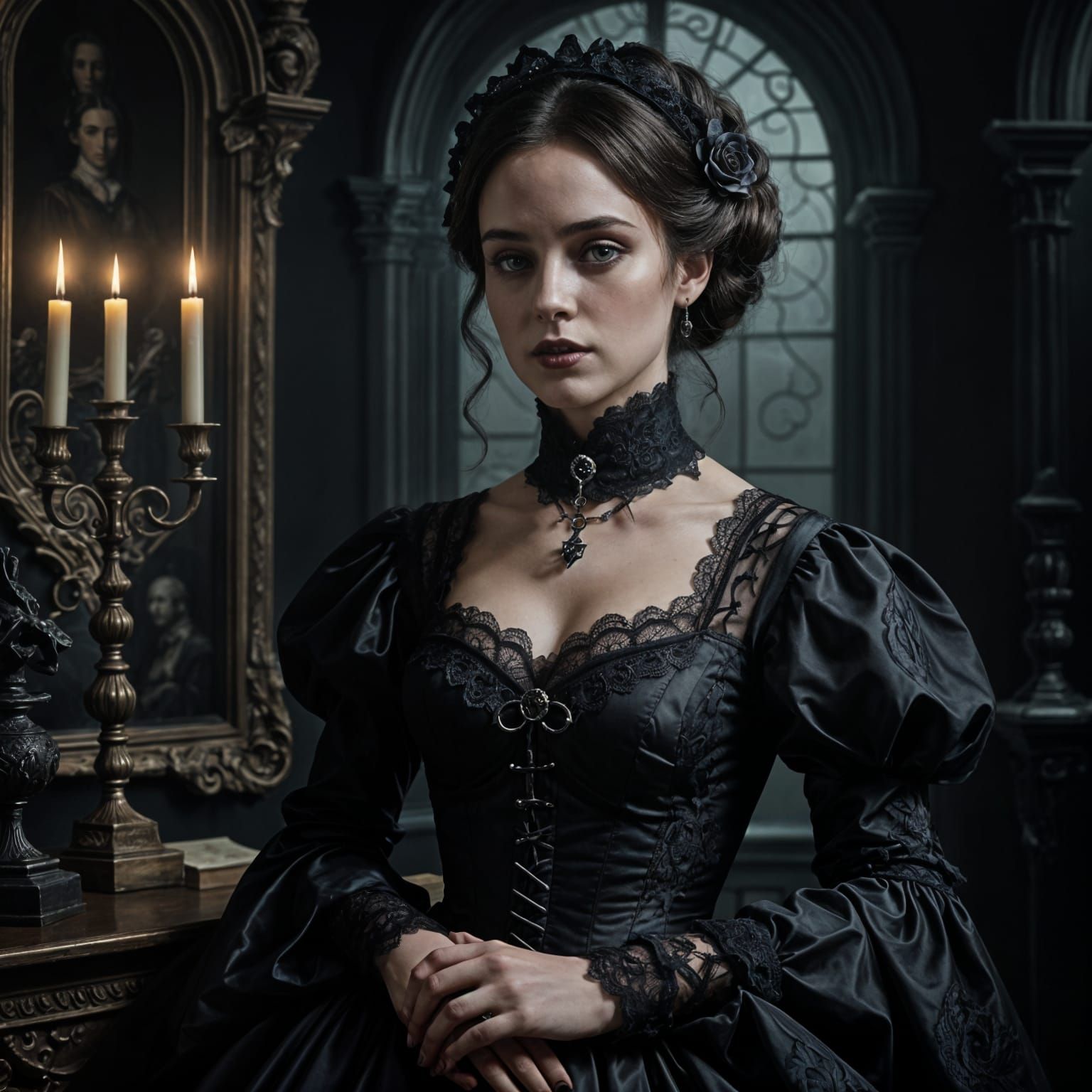 Gothic Woman in Elegant High-Necked Attire