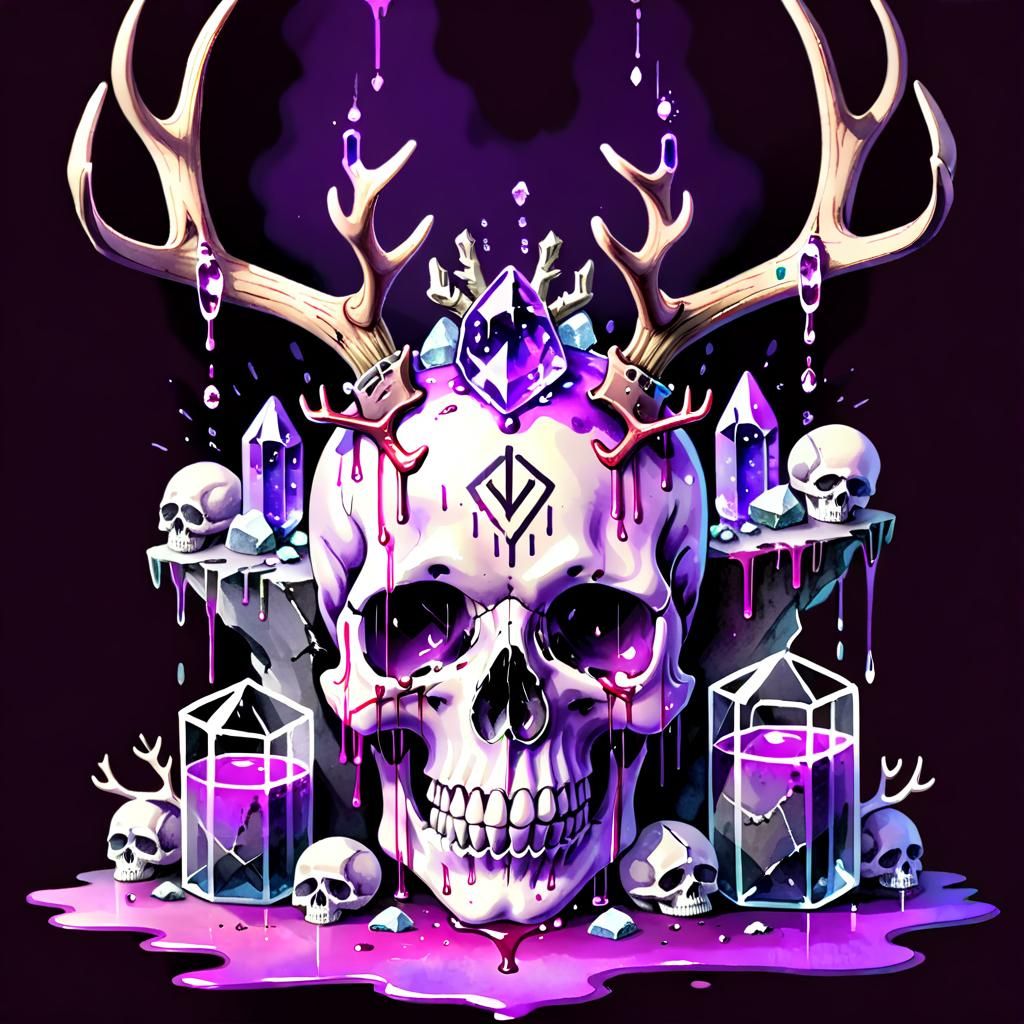 Neon Skull with Antlers in Watercolor Style