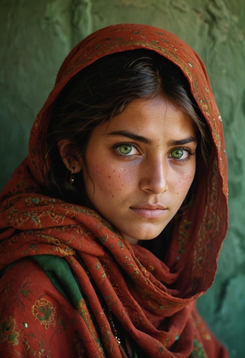 Afghan Girl with Emerald Eyes in Marketplace