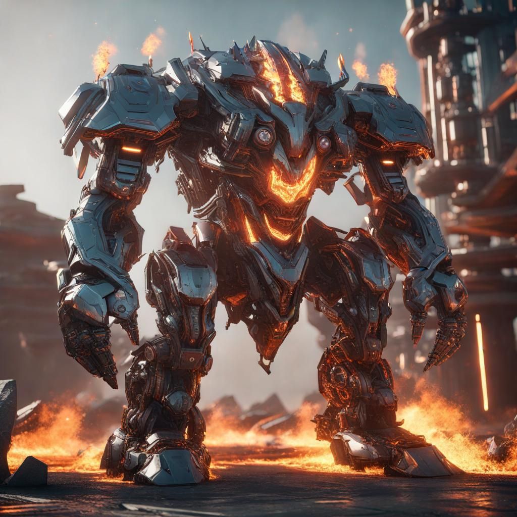 Futuristic Fire Giant with Intricate Mech Details