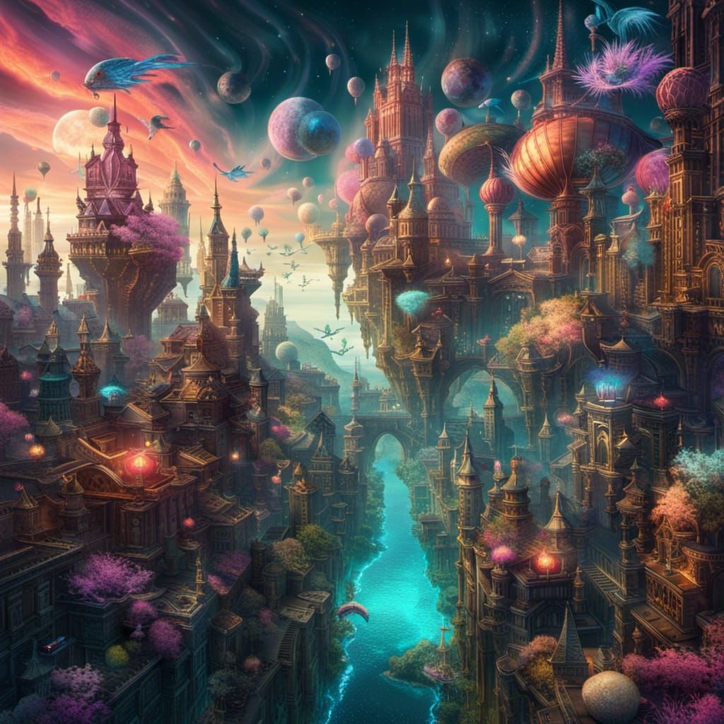 Floating Cities in Bioluminescent Dreamscape, Digital Art