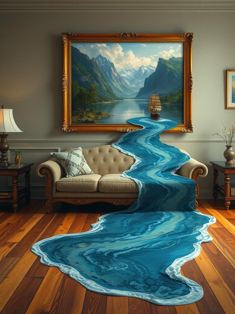 River Flows Out of Painting in Hyper-Realism