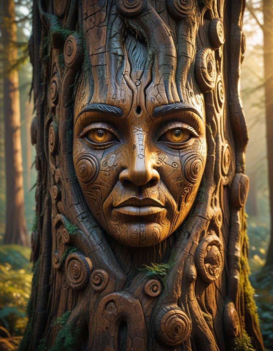 Ancient Tree Carved with Stories in Mystical Forest