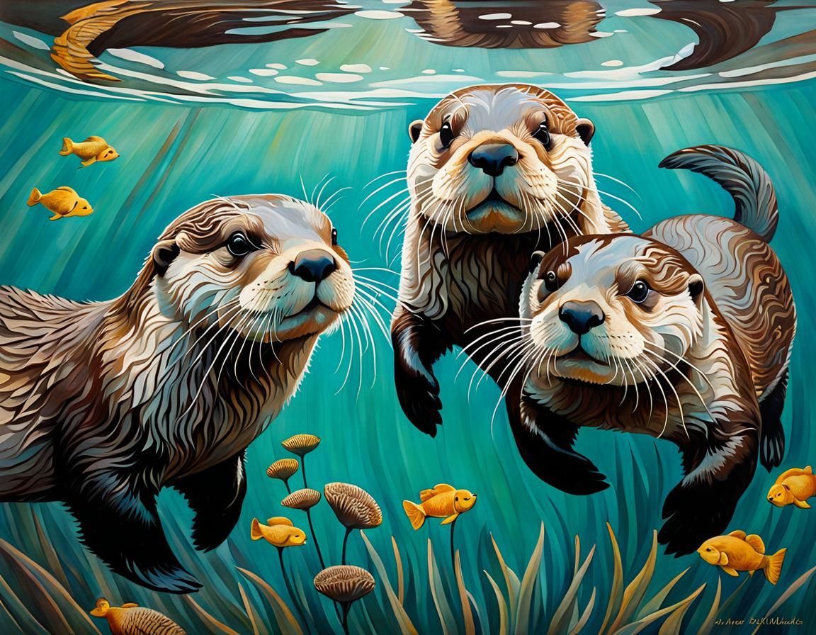 Playful Sea Otters in Santa Cruz: Encaustic Painting