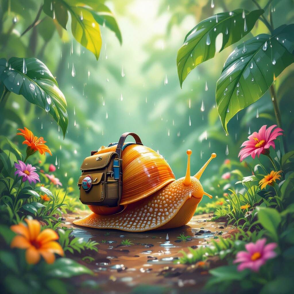 Orange Snail's Rainforest Adventure in Whimsical Style