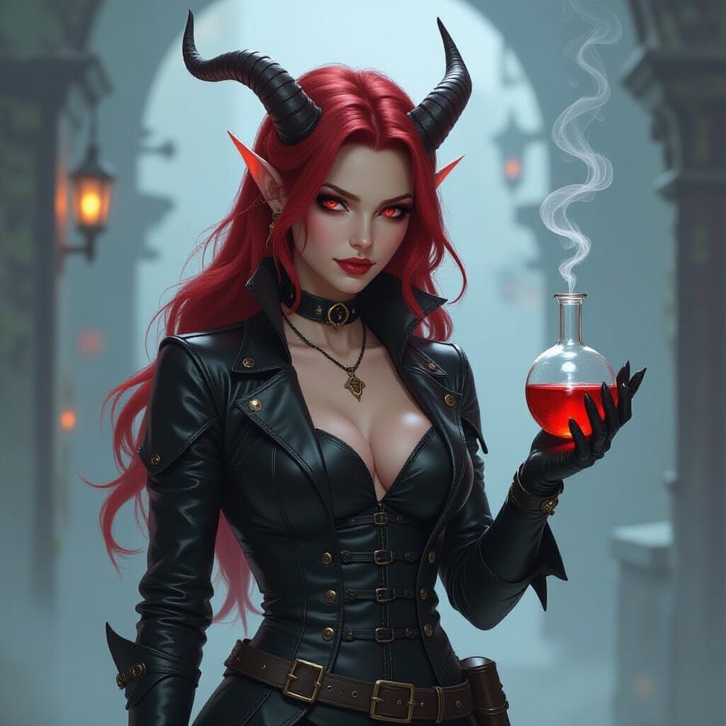 Tiefling Alchemist in Steampunk Fog, Digital Art